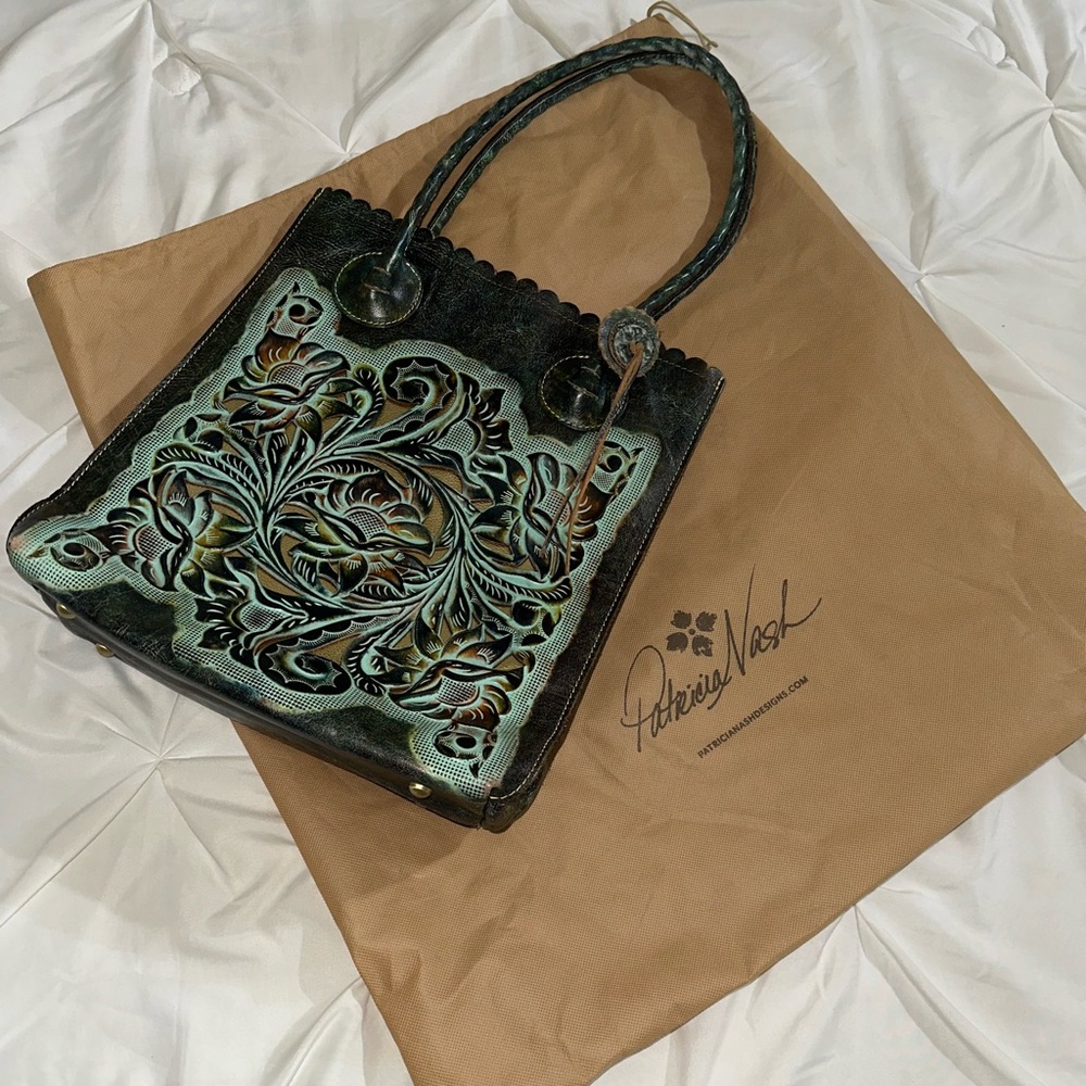 Patricia Nash tote teal/brown/gold 13 1/2 x 12 1/2 x 5 fuchsia/pink inter